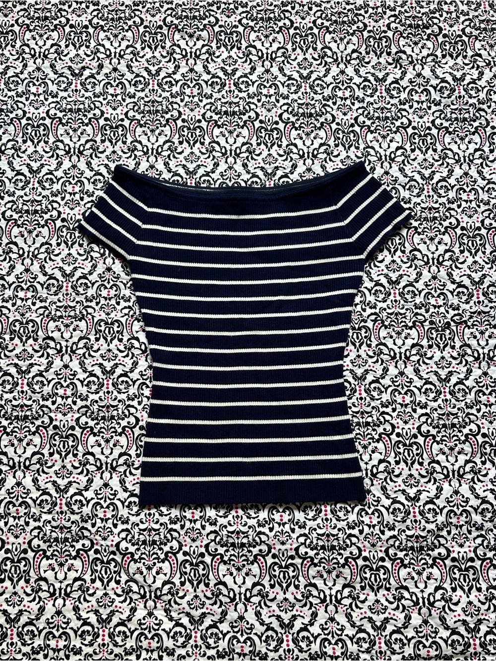 Striped Navy and White Off-Shoulder Crop Top
